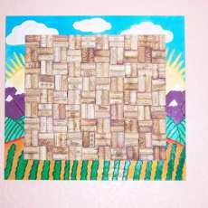 Handcrafted beveled wine cork bulletin vineyard scene