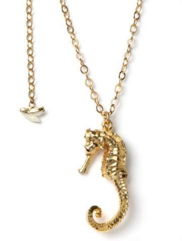 real seahorse and sharks tooth necklace preserved in 24 k gold