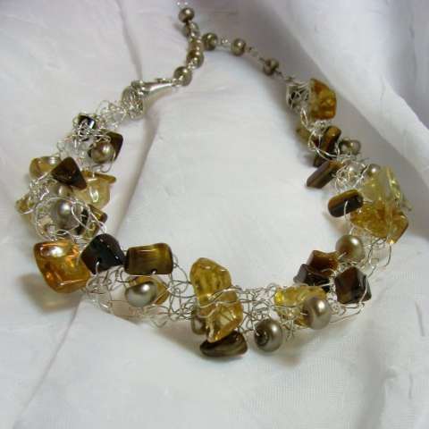 Necklace - Tiger Eye, Citrine, Taupe Freshwater Pearls in Sterling