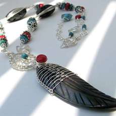 Necklace - Carved Horn Feather and Argentium Dream Catcher