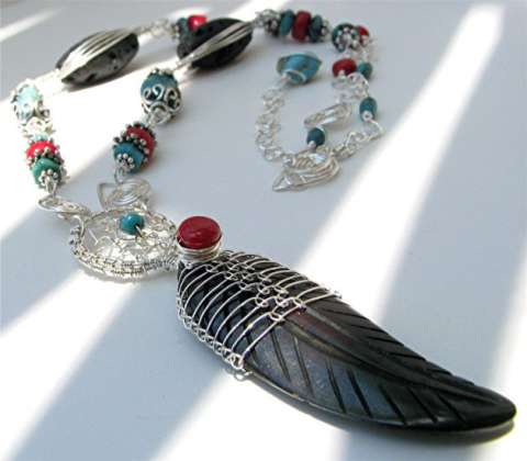 Necklace - Carved Horn Feather and Argentium Dream Catcher