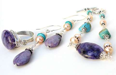 Charoite, Turquoise, FW Pearl Bracelet, Earrings, Ring