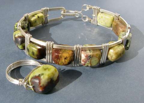 Chunky Bangle & Ring - Yellow Turquoise Jasper in Sterling