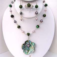 Hubei Turquoise, FW Pearl, Abalone Shell Wire Wrapped in Argentium Silver