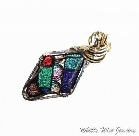 Etched Fused Glass Pendant Wrapped in Sterling Silver and 14k Gold Filled Wires
