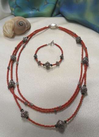 Tiny Red Coral with Sterling Silver set