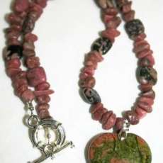 Unakite Stone Necklace with Heart Charm and Earring Set