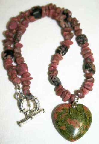 Unakite Stone Necklace with Heart Charm and Earring Set