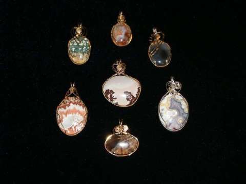 Close up of wire-wrapped pendants