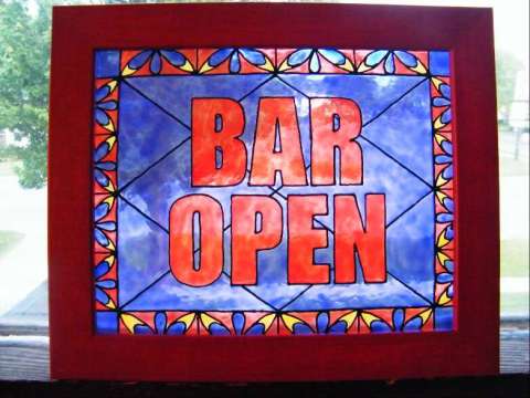 Bar Open Sign. 8x10 Inch Framed Glass Stained Glass Painting.