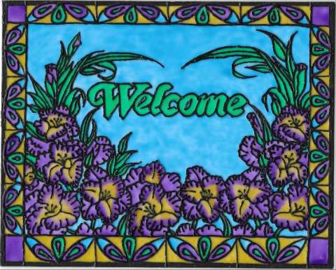 Purple Iris Welcome Sign 8x10 Inch Unframed Plexiglass Stained Glass Painting