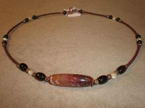 Crazed Fire Agate Stone Pendant Choker Necklace