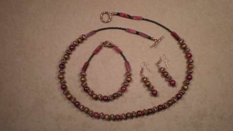 Ruby Kiwi Sesame Jasper Stone and Wood Beaded Necklace Set.