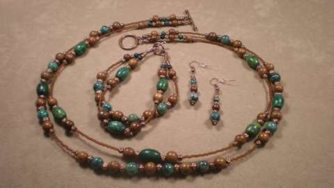 Chrysocolla Stone and Wood Beaded Necklace Set.