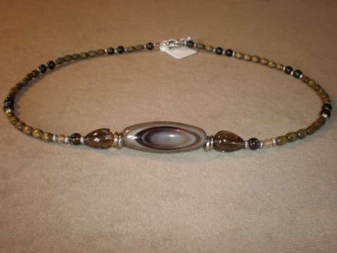Banded Agate Stone Pendant with Smokey Quartz Choker Necklace.