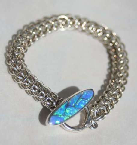 Black Opal Inlay on an Argentium Chain Maille Bracelet