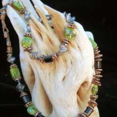 Lampwork, Jade, and Bronze Bracelet and Necklace