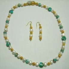 LOVELY GOLD,PEARL AND GREENISH/BLUE BEADS