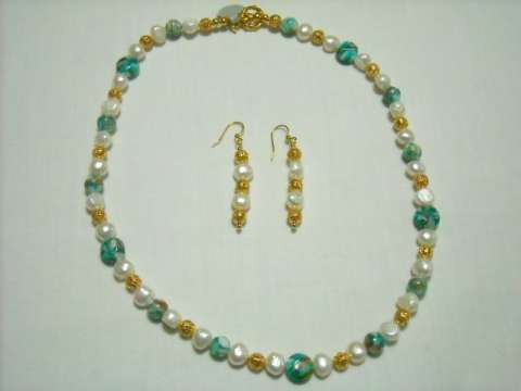 LOVELY GOLD,PEARL AND GREENISH/BLUE BEADS
