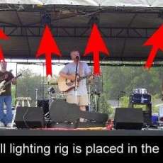 The stage P.A. system, lights and band equipment are setup