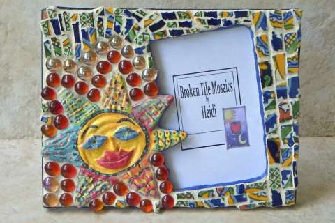 ceramic tile and painted clay sun mosaic picture frame