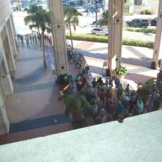 The line for tickets wraps the building