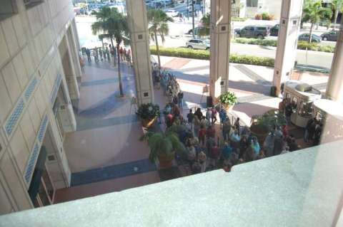 The line for tickets wraps the building