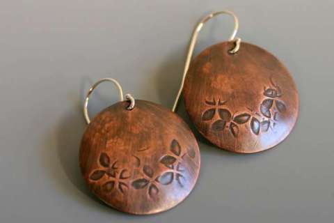 Stamped and patinaed recycled copper earrings