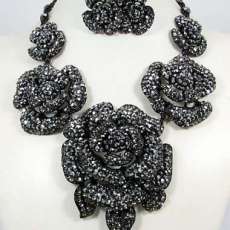 Black Diamond Crystals Necklace and Pierced Earrings Set $80.00 {Designer Collection}
