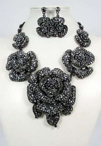 Black Diamond Crystals Necklace and Pierced Earrings Set $80.00 {Designer Collection}