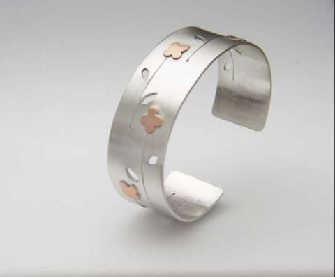 Sterling Cuff Bracelet With Copper Flowers