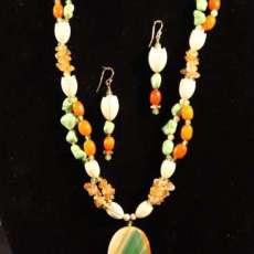 Multi-stripped agate, amber, ivory and turquoise necklace with matching earrings