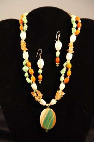 Multi-stripped agate, amber, ivory and turquoise necklace with matching earrings