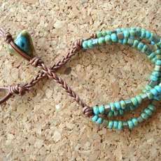 Metallic Copper Leather and Aqua Raku Japanese Cube and Round Beaded Bracelet