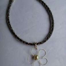 Silver wire woven leather necklace