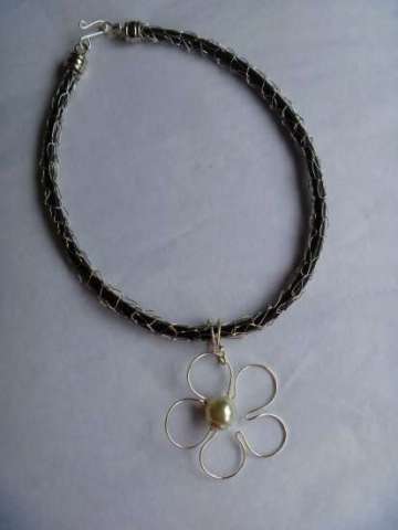 Silver wire woven leather necklace