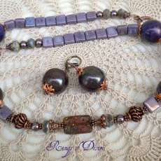 Purple RAku Pottery and Czech Glass Necklace