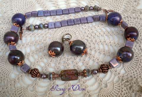 Purple RAku Pottery and Czech Glass Necklace