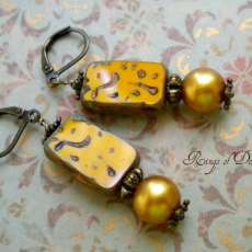 Mustard Czech Glass Rectangle and Pearl Earrings