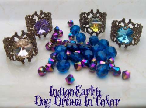 " IndigoEarth's DayDream in Color"-Brass filagree Rings/Swarovski Crystals