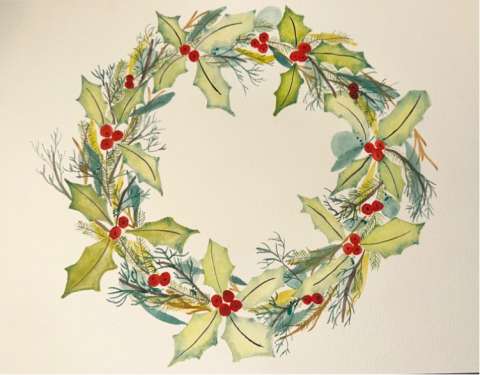 Watercolor Holiday Wreath Painting