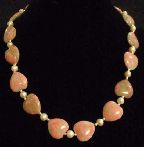 Rhodonite Heart, Peach Pearl, and Sterling Silver Necklace - 17"