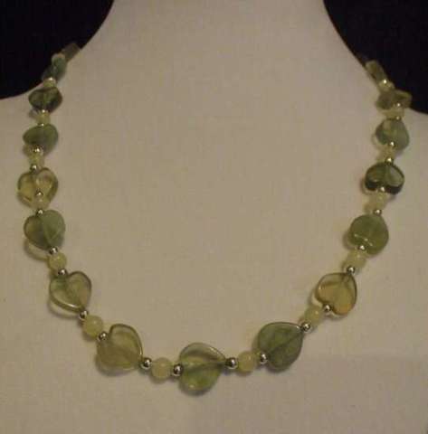 Natural Green Fluorite Heart, New Jade, and Sterling Silver Necklace - 16.5"