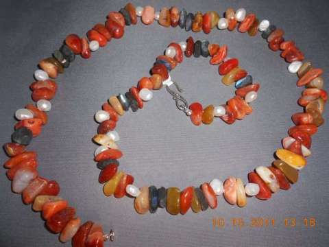 Long Carnelian labadorite and peral on a sterling silver clasp 33 inches long