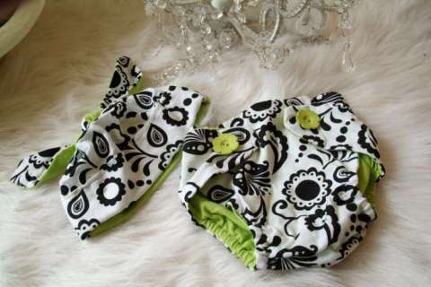 Lime & Blk/Wht Diaper Cover W/ tie cap
