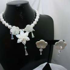 Mother-of-pearl, Akoya shell Pearls, & Swarovski Crystals Earring & Necklace Set