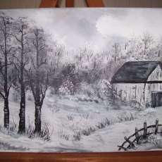 winter scene in black and wwhite in acrylics