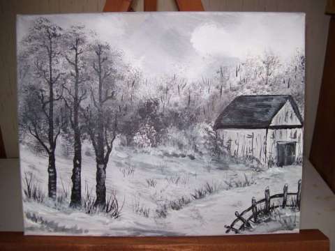 winter scene in black and wwhite in acrylics