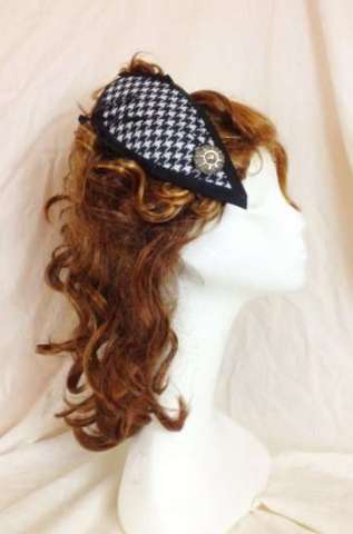 Houndstooth print vintage silver and feather hair fascinator hair clip