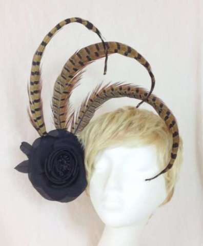 Rare lady Amherst pheasant feather and black silk flower hair fascinator clip